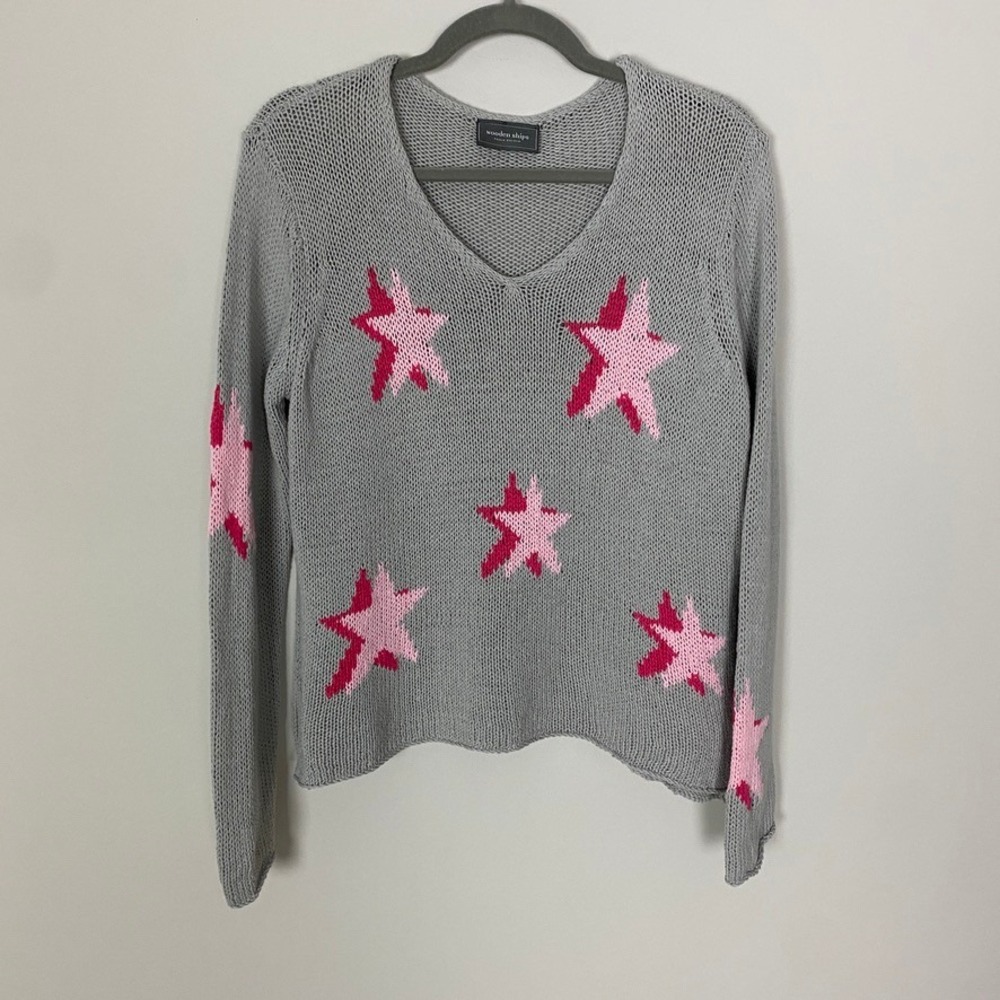 Wooden Ships Gray Knit V Neck Star Sweater Cotton‎ Blend Womens Small/Medium